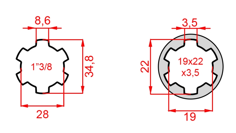 KARDANADAPTERI 19x22x3,5 (10 URAA) → 1-3/8 (120 mm)