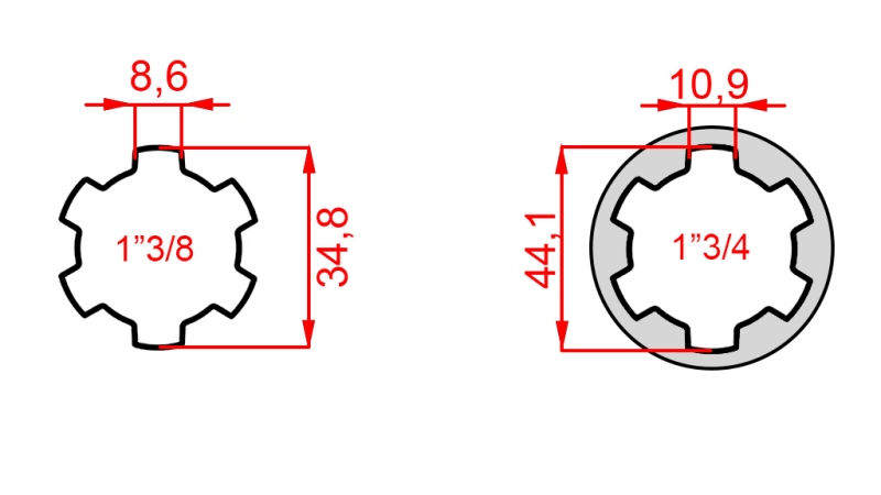 KARDANADAPTER MED PINNE FRA 1-3/4 TIL 1-3/8 (165 mm)