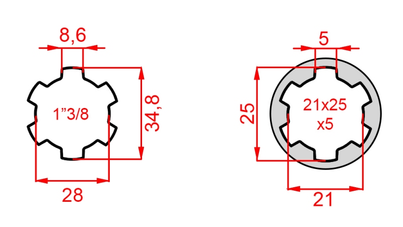 ADAPTADOR CARDÁN DE 21x25x5 (6 ESTRÍAS) A 1-3/8 (140 mm)