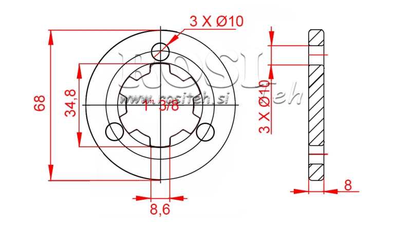 ADAPTATEUR CARDAN AVEC BRIDE 3 TROUS ET GOUPILLE 1-3/8 (80 mm)