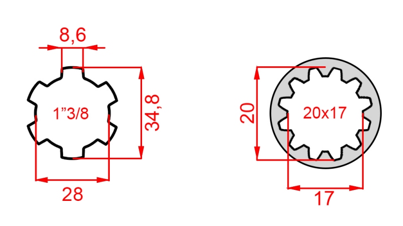 ADAPTADOR CARDÁN DE 20x17 (12 ESTRÍAS) A 1-3/8 (120 mm)