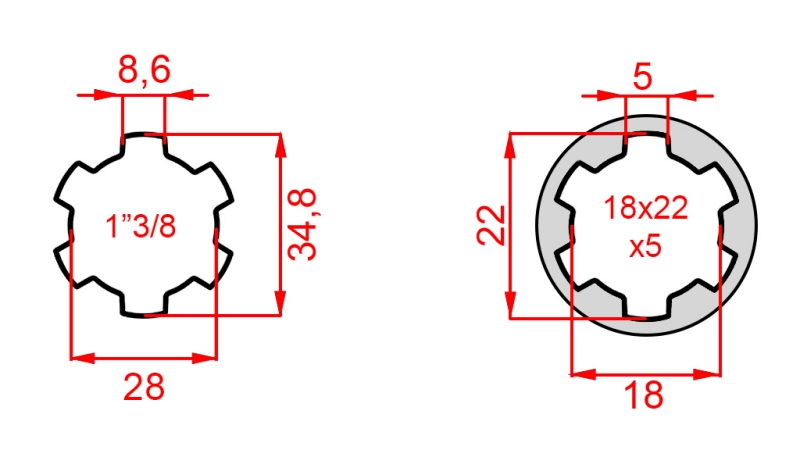 ADAPTATEUR CARDAN DE 18x22x5 (6 CANNELURES) À 1-3/8 (120 mm)