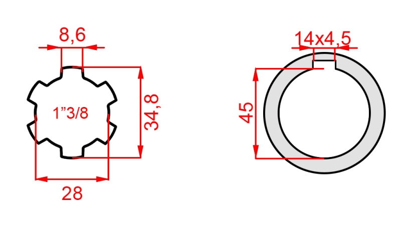 KARDANO ADAPTERIS 1-3/8 - SKYLĖ fi 45 mm (180 mm)