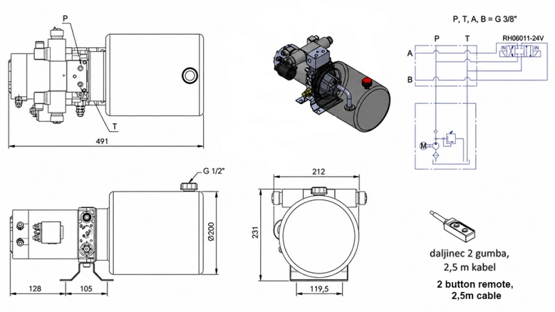 MINI HIDRAVLIČNI AGREGAT 24V DC - 2,2kW = 2,1cc - 8 lit - dvosmerni sklop (kovinski)