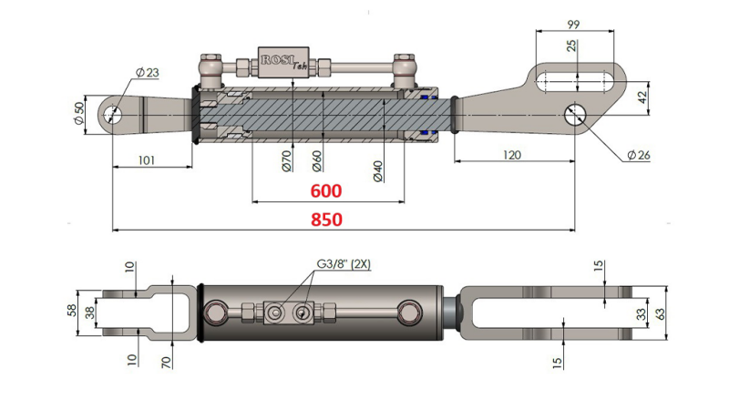 FOURCHE DE TIRANT/BIELLETTE LATERAL HYDRAULIQUE 2T - 60/40-250 (600MM-850MM)