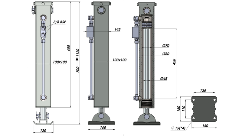 DOBBELTVIRKENDE HYDRAULISK STØTTEBEN (100x100x700 mm) - SLAG 420 mm - 5.000 kg