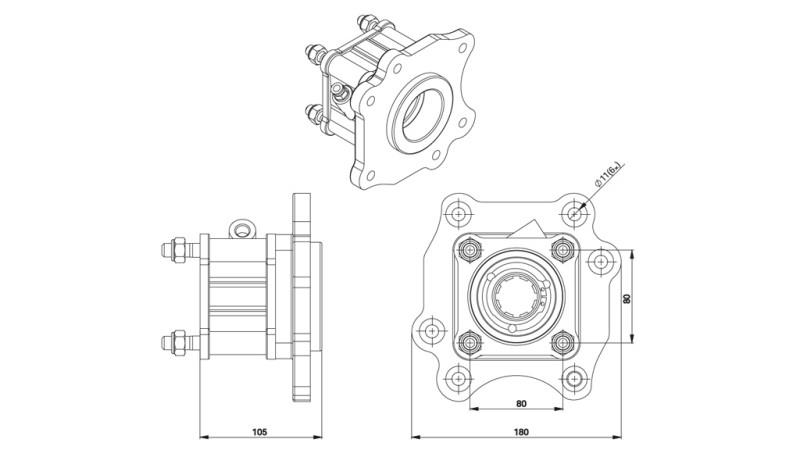 Dimensjoner UTGANG FOR HYDRAULISK PUMPE - MERCEDES ATEGO-1 - 6 HULLER