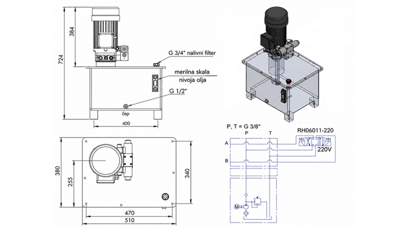 MINI HYDRAULINEN POWER-PACK 380V AC (4 kW) - 8 cc - 12 lit/min - säili 40 lit