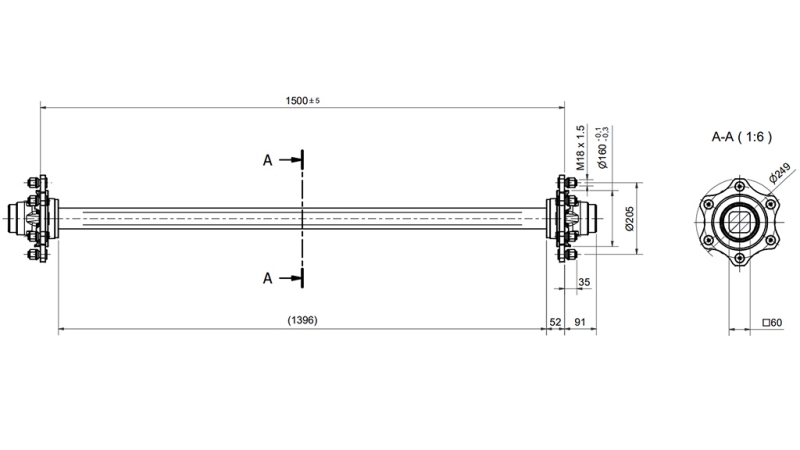 AXA PENTRU REMORCĂ 4800 KG FĂRĂ FRÂNĂ (1500 MM)