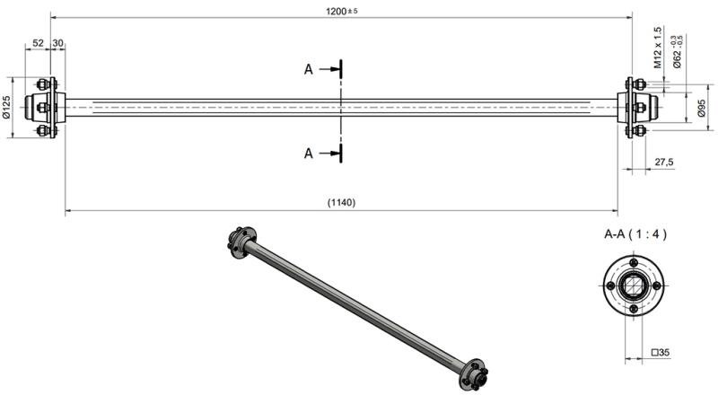 AXA PENTRU REMORCĂ 950 KG FĂRĂ FRÂNĂ (1200 MM)