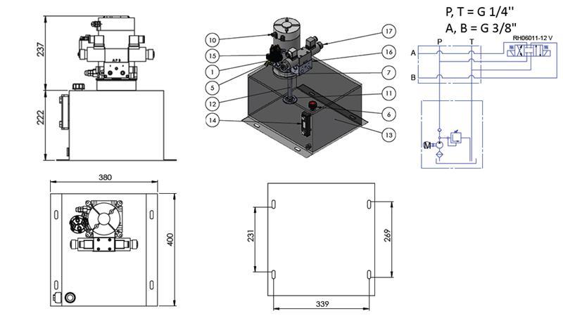 AGREGAT HIDRAULIC MINI 12V DC - 1.6kW = 2.1cc - 25 lit - asamblare în direcție dublă (metal)