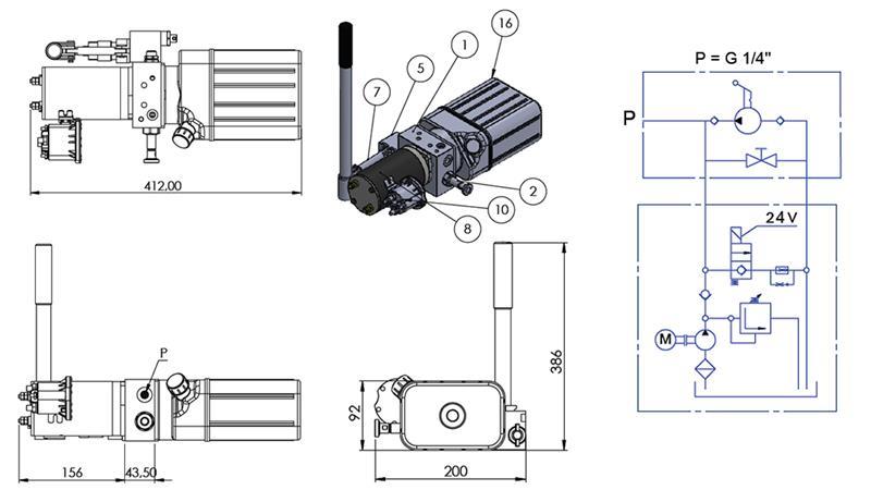 AGREGAT HIDRAULIC MINI 24V DC - 0.8kW = 0.5cc - 1.5 litri - unitate monofazată (PVC) cu pompă manuală