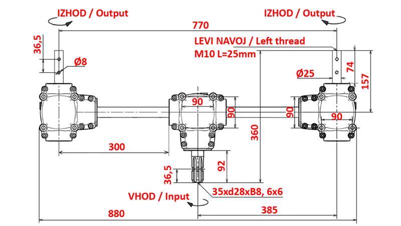 SET DE REDUCȚII 1:1.35 (22CP-16kW) PENTRU ENGRENAJ TRIPLU L:770