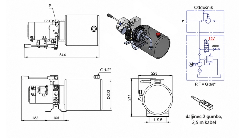 MINI HIDRAULINIS JĖGOS BLOKAS 12V DC - 1.6kW = 2.1cc - 8 litrai - vienfazis įrenginys SU MANUALINIU SIURBLIU