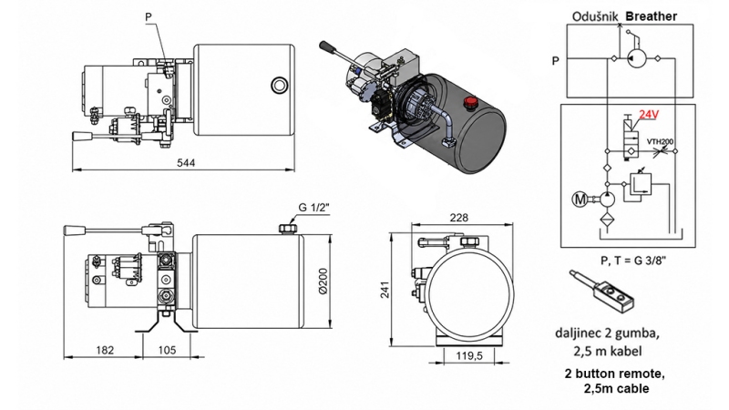 MINI HIDRAVLIČNI AGREGAT 24V DC - 2,2kW = 2,1cc - 8 lit - enosmerni sklop Z ROČNO ČRPALKO
