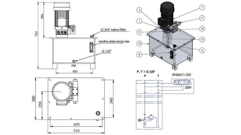 MINI HYDRAULISK AGGREGAT 380V AC (4 kW) - 8 cc - 12 lit/min - tank 40 lit