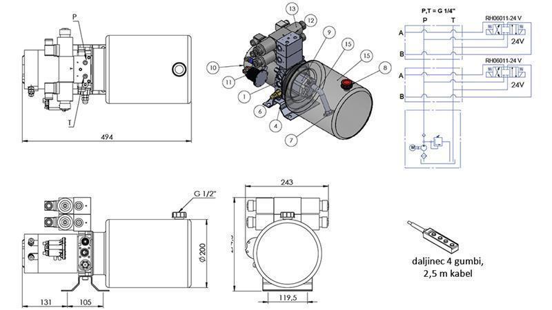 AGREGAT HIDRAULIC MINI 24V DC - 2.2kW = 2.1cc - 8 lit - asamblare bidirecțională 2x (metal)