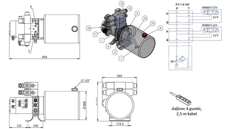 AGREGAT HIDRAULIC MINI 12V DC - 1.6kW = 2.1cc - 8 lit - asamblare bidirecțională 2x (metal)