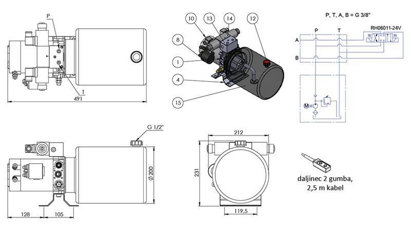 MINI HYDRAULISK AGGREGAT 24V DC - 2.2kW = 2.1cc - 8 lit - dobbelt retningssamling (metal)