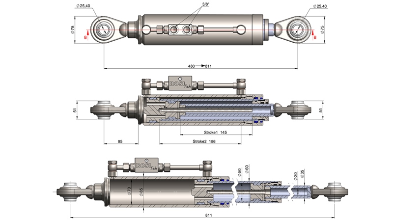 TIRANT CENTRAL HIDRAULIC TELESCOPIC STANDARD - CAT. 2 (45-95 HP) - 480-811 mm (25,4/25,4 mm)