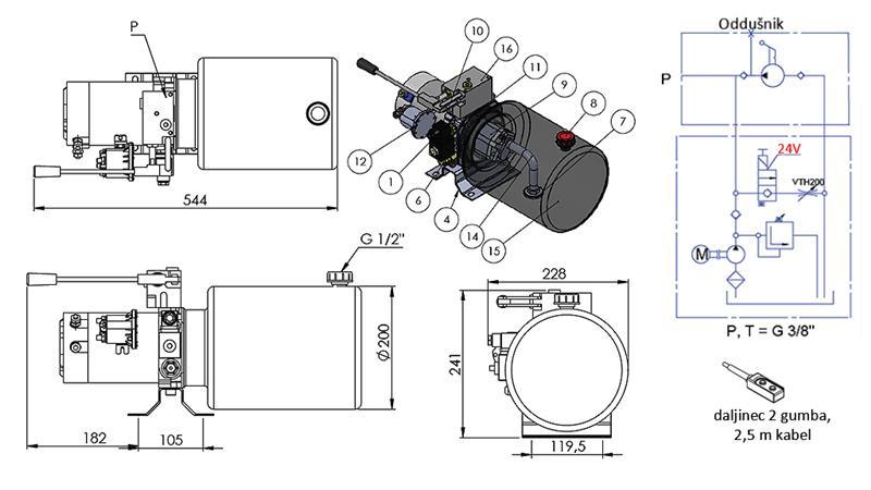 MINI HYDRAULISK AGGREGAT 24V DC - 2.2kW = 2.1cc - 8 lit - enkel retning montering MED HÅNDPUMPE