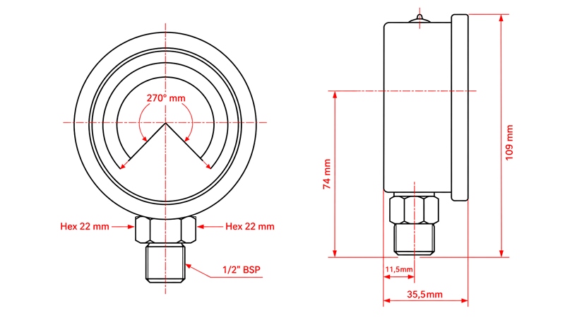MANOMETRU DN100 VERTICAL 0 - 250 BAR - 1/2