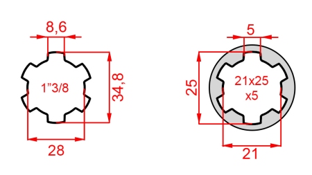 ADAPTADOR CARDÁN DE 21x25x5 (6 ESTRÍAS) A 1-3/8 (140 mm)