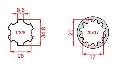 ADAPTADOR CARDÁN DE 20x17 (12 ESTRÍAS) A 1-3/8 (120 mm)