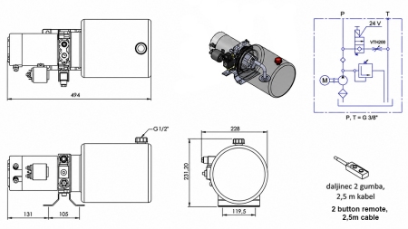 MINI HIDRAVLIČNI AGREGAT 24V DC - 2,2kW = 2,1cc - 8 lit - enosmerni sklop (kovinski)