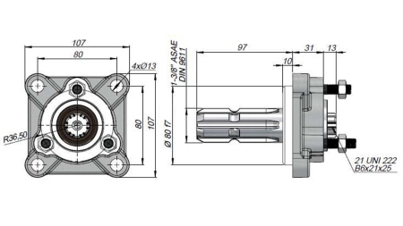 ADAPTATOR P.T.O. PENTRU POMPA DIN FONTĂ UNI - 3 ȘURUBURI