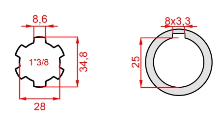 ADAPTATEUR CARDAN 1-3/8 - TROU fi 25 mm (145 mm)