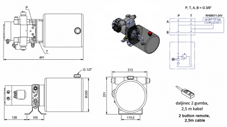MINI HIDRAVLIČNI AGREGAT 24V DC - 2,2kW = 2,1cc - 8 lit - dvosmerni sklop (kovinski)