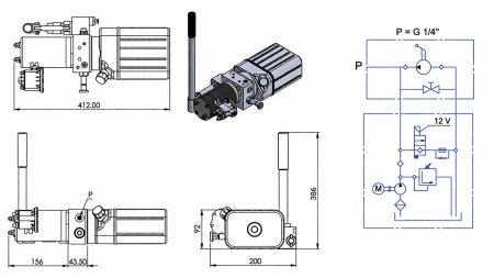 UNITATE HIDRAULICĂ MINI 12V DC - 0.8KW = 0.5CC - 1.5 LITRI - ASAMBLARE CU ACȚIUNE SINGURĂ (PVC) CU POMPĂ MANUALĂ