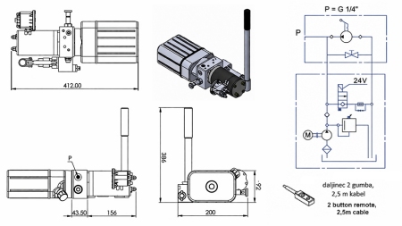 UNITATE HIDRAULICĂ MINI 24V DC - 0.8KW = 0.5CC - 1.5 LITRI - UNITATE CU ACȚIUNE SINGURĂ (PVC) CU POMPĂ MANUALĂ