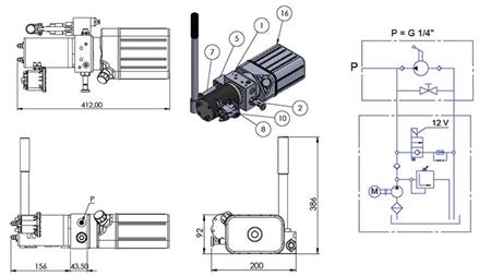 MINI AGGREGATO IDRAULICO 12V DC - 0.8kW = 0.5cc - 1.5 lit - unità monofase (PVC) con pompa manuale