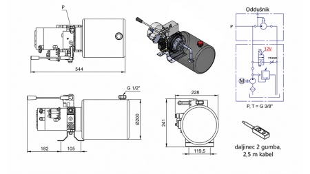 MINI HIDRAULINIS JĖGOS BLOKAS 12V DC - 1.6kW = 2.1cc - 8 litrai - vienfazis įrenginys SU MANUALINIU SIURBLIU