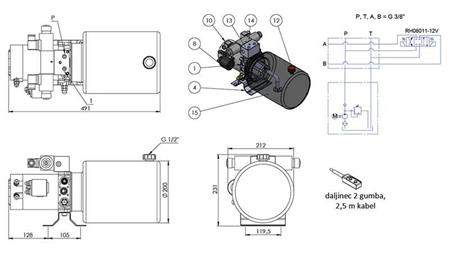 AGREGAT HIDRAULIC MINI 12V DC - 1.6kW = 2.1cc - 8 lit - asamblare în direcție dublă (metal)