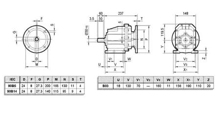 REDUCȚIE ERC03 PENTRU MOTOR ELECTRIC MS90 (1.1-1.5kW) RATIO 25:1