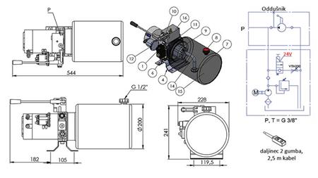 MINI HYDRAULISK AGGREGAT 24V DC - 2.2kW = 2.1cc - 8 lit - enkel retning montering MED HÅNDPUMPE