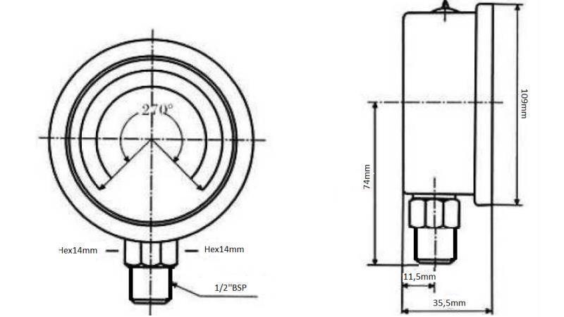 MANOMETER DN100 VERTICAL 0 - 100 BAR - 1/2-dimenzije