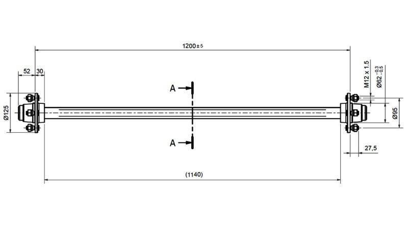 AXLE FOR TRAILER 950 KG WITHOUT BRAKE (1200 MM)