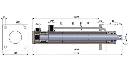 CILINDRU HIDRAULIC CU PLACĂ DE MONTARE 100/60-1050 CU ȚEVI